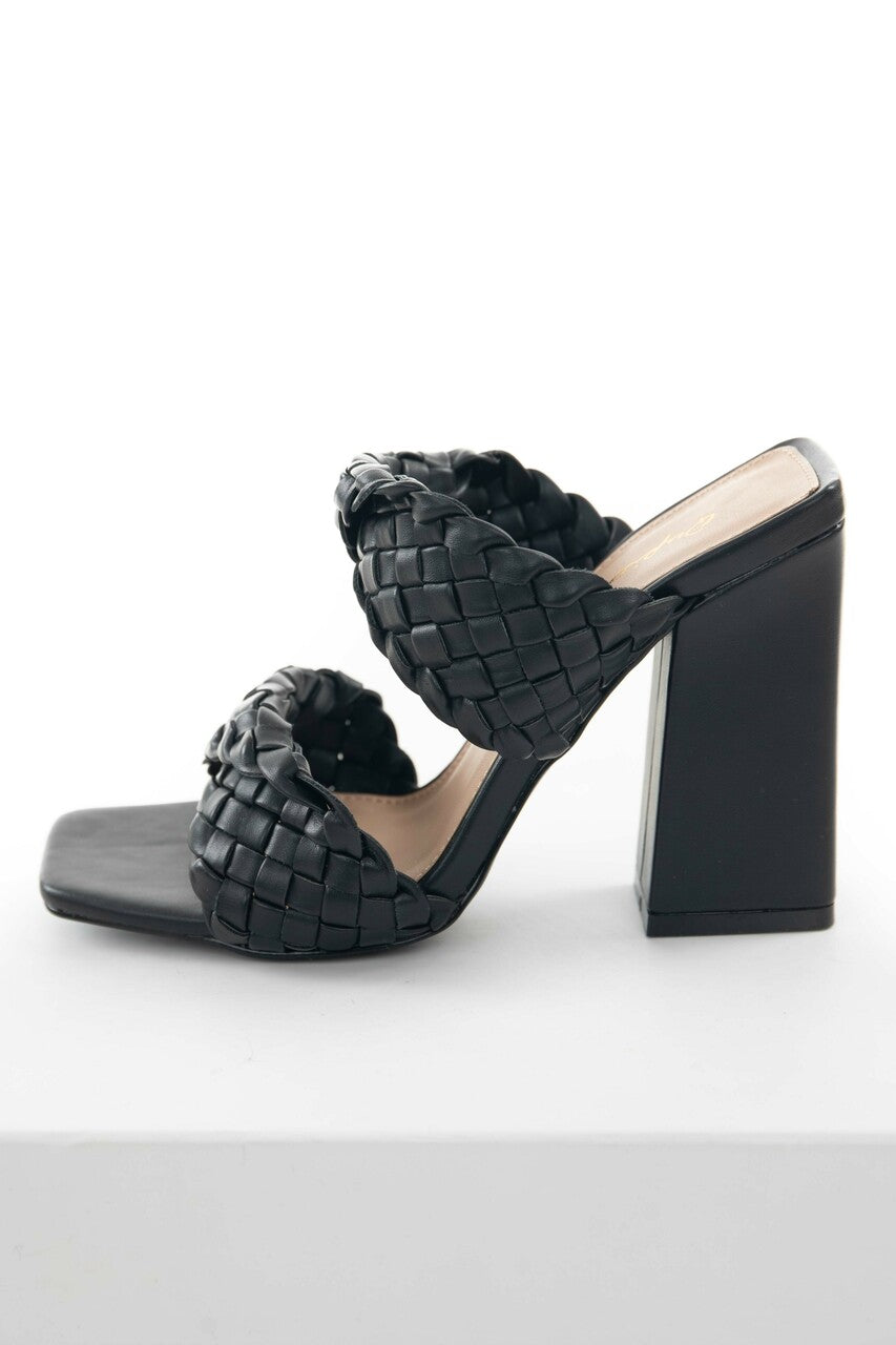 Black Braided Strap Square Toe Block Heels 