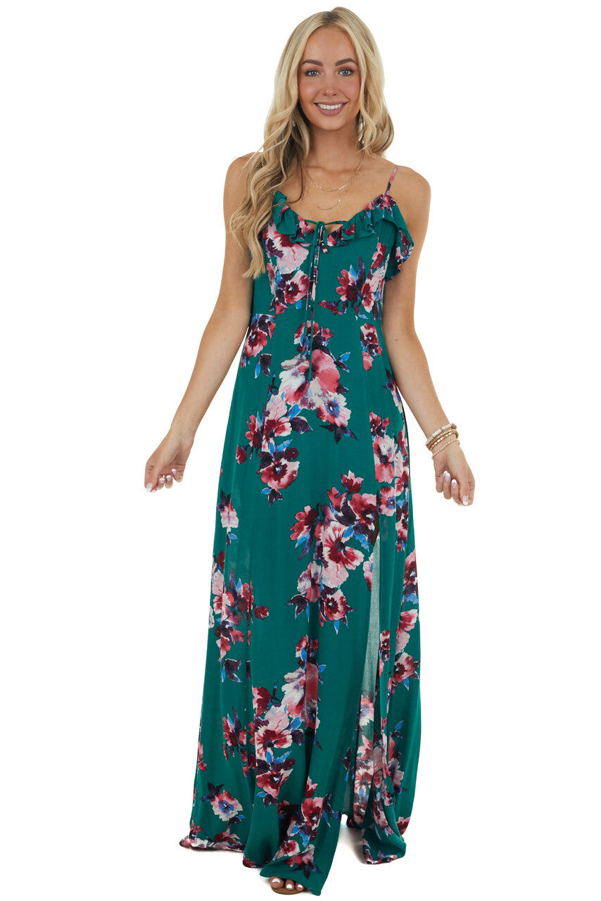 Jungle Green Floral Sleeveless Maxi Dress