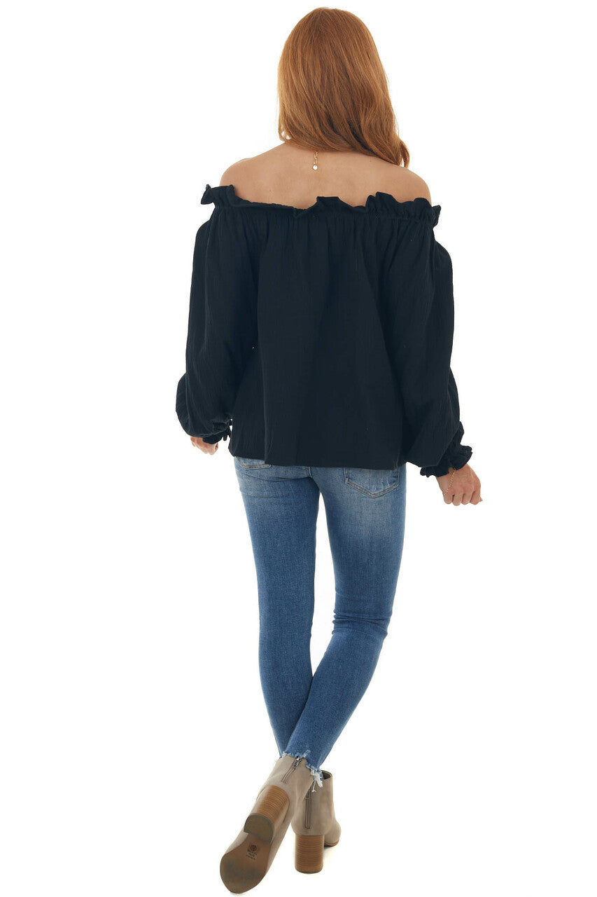 Black Textured Off Shoulder Frill Blouse