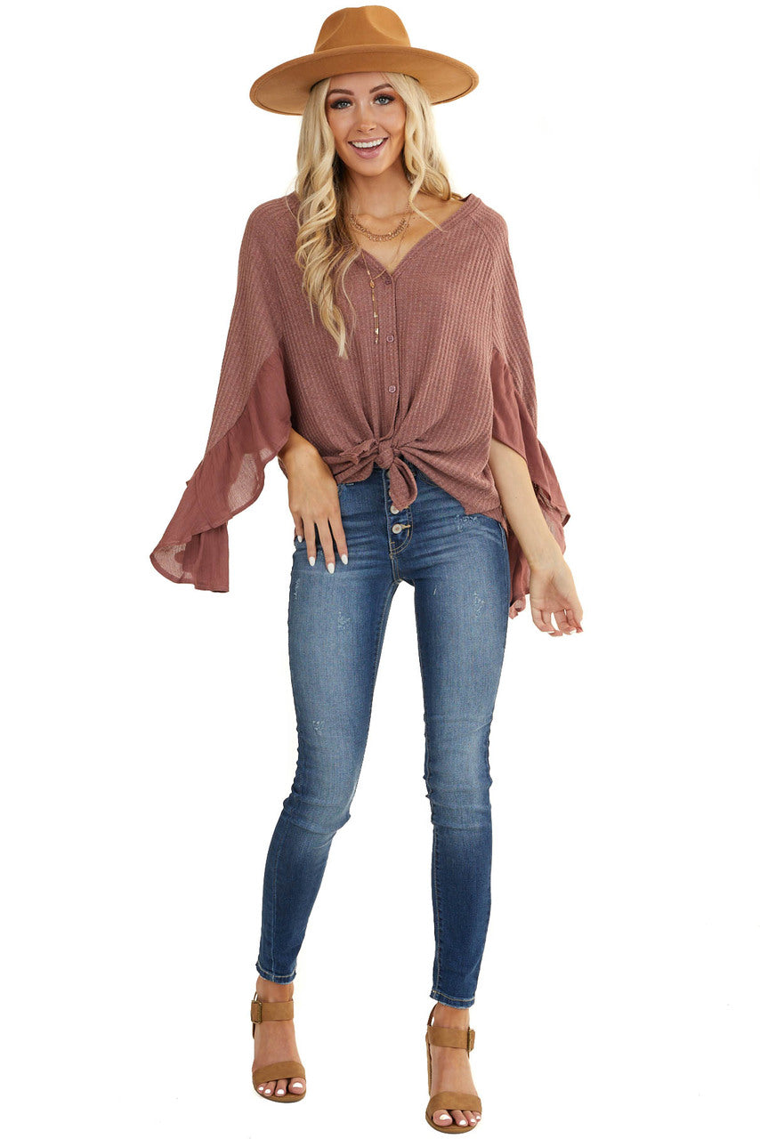 Mauve Waffle Knit Button Up Top with Trumpet Sleeves 