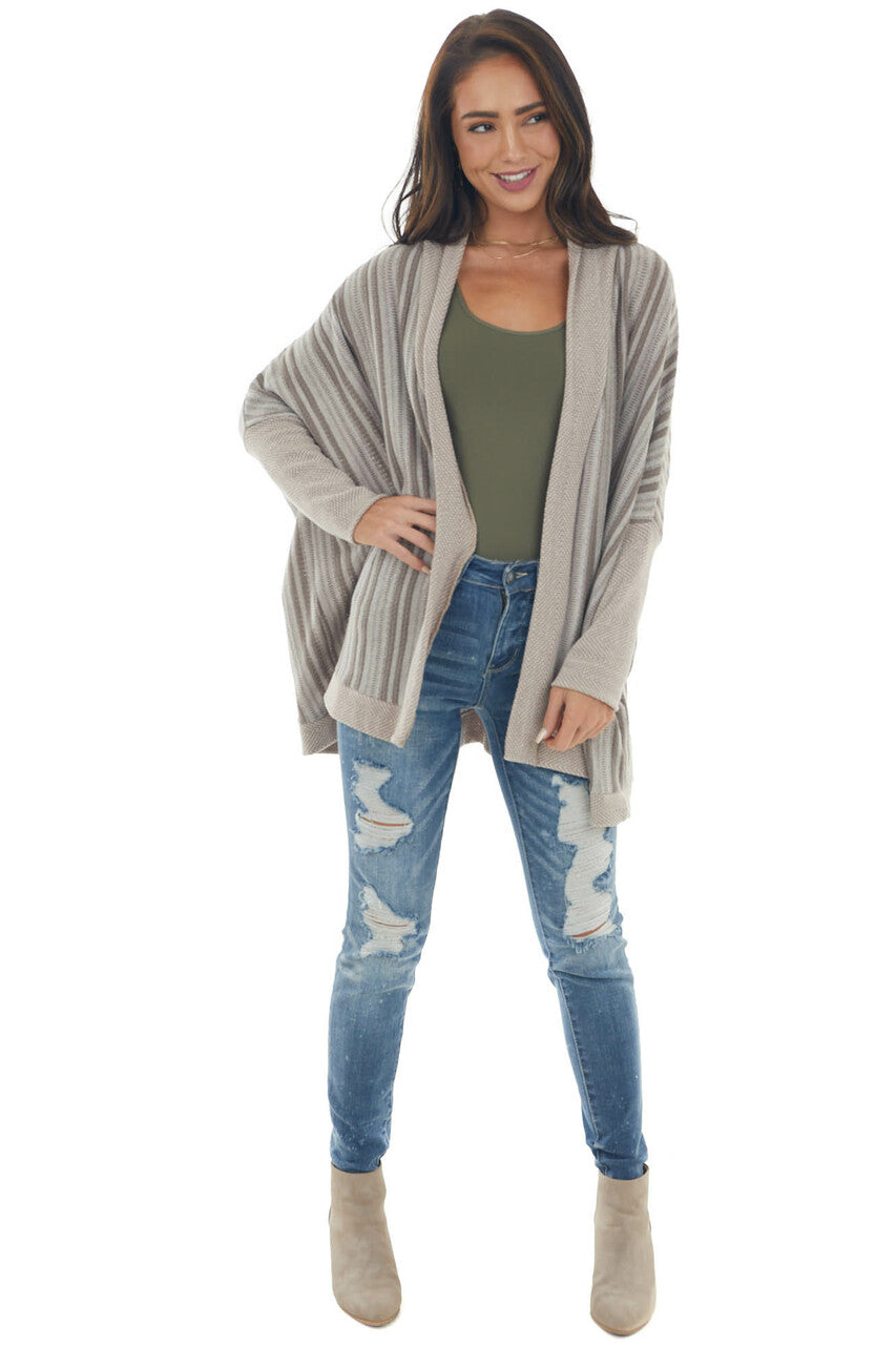 Dark Latte Striped Contrast Trim Cardigan 
