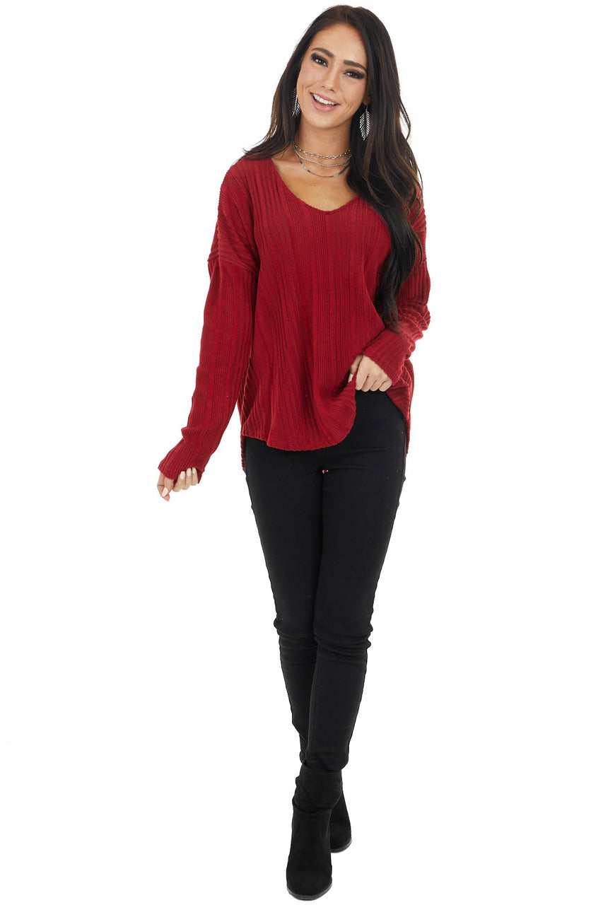 Maroon Long Sleeve Wide Neck Knit Top with Ribbed Detail