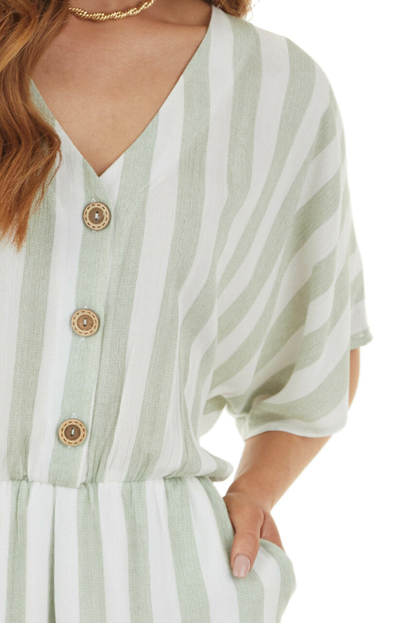 Sage and Ivory Striped Romper with Short Sleeves