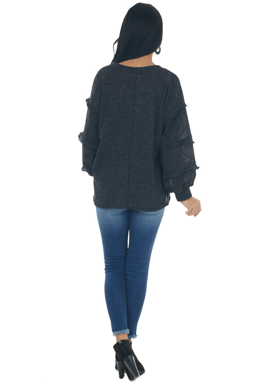 Charcoal Ribbed Knit Top with Ruffle Puff Sleeves