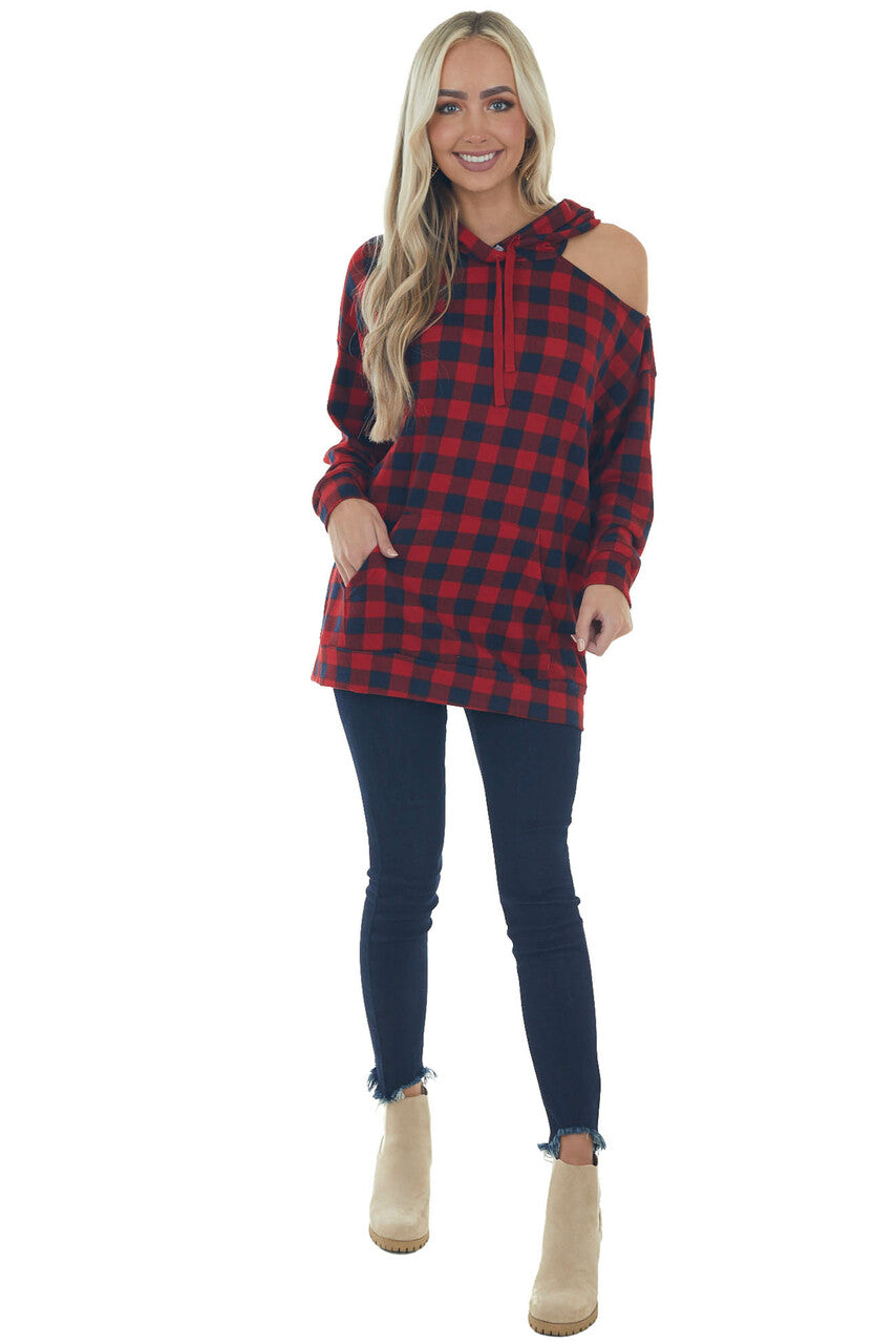 Cranberry Checkered Plaid Cold Shoulder Hoodie 