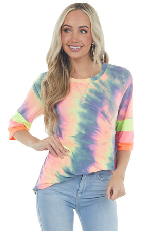 Neon Multicolor Tie Dye Knit Top with Stripe Contrast Detail
