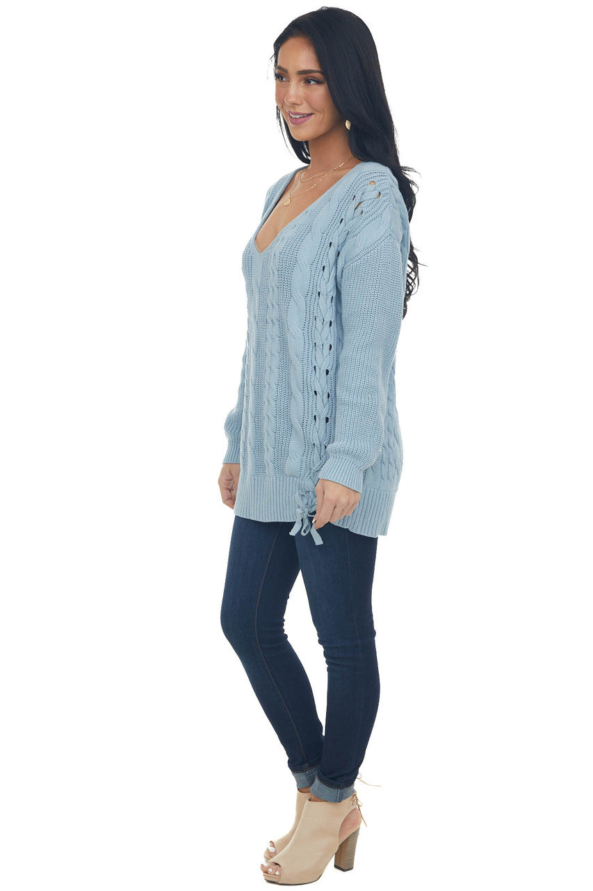 Powder Blue V Neck Loose Cable Knit Sweater