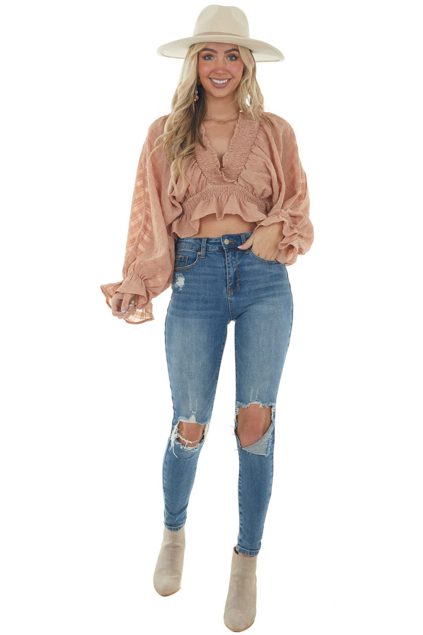 Desert Sand Plunging Neck Puff Sleeve Blouse