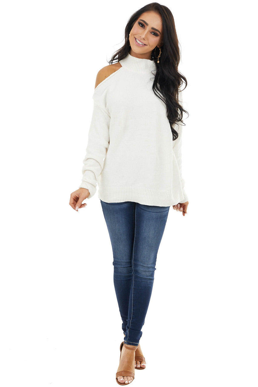 Ivory Cold Shoulder Chenille Sweater with Long Sleeves