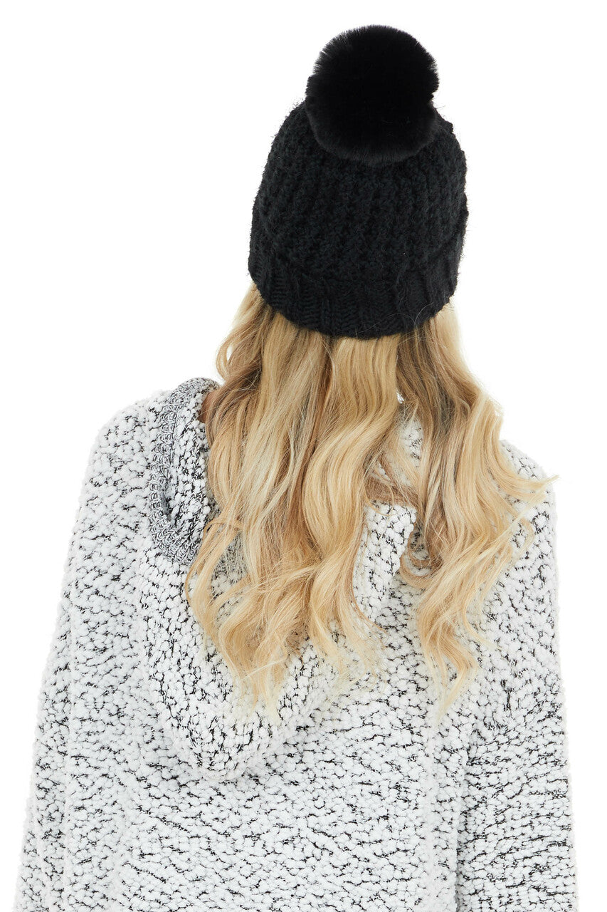 Black Chunky Soft Knit Beanie with Fuzzy Pom Pom Detail