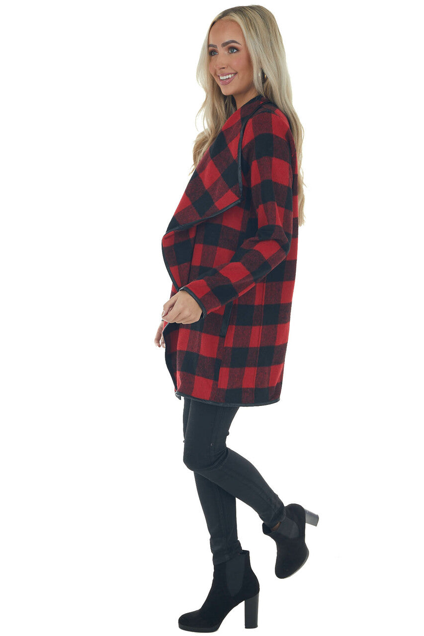 Ruby Buffalo Plaid Draped Open Front Coat 