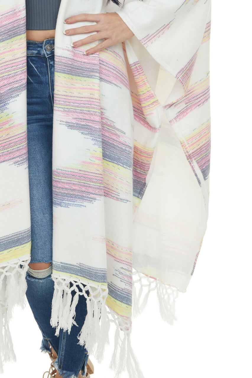Eggshell Multicolor Fringed Poncho Cardigan 