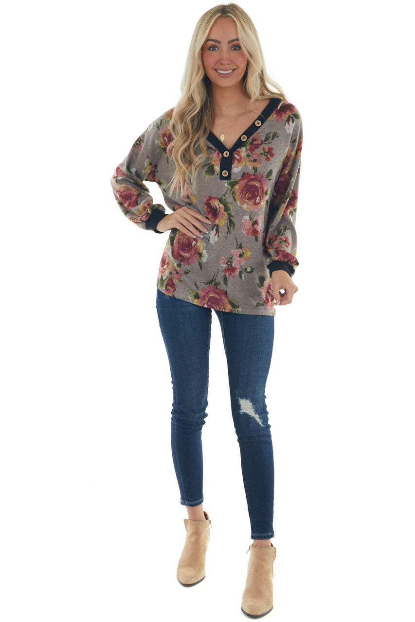 Taupe Floral Print Long Sleeve V Neck Knit Top 