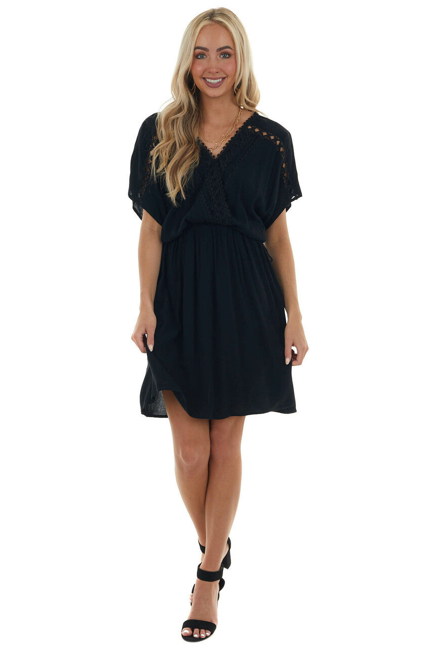 Black Crochet Lace Short Sleeve Surplice Dress
