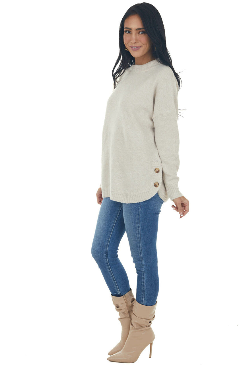 Oatmeal Crew Neck Button Detail Sweater Top