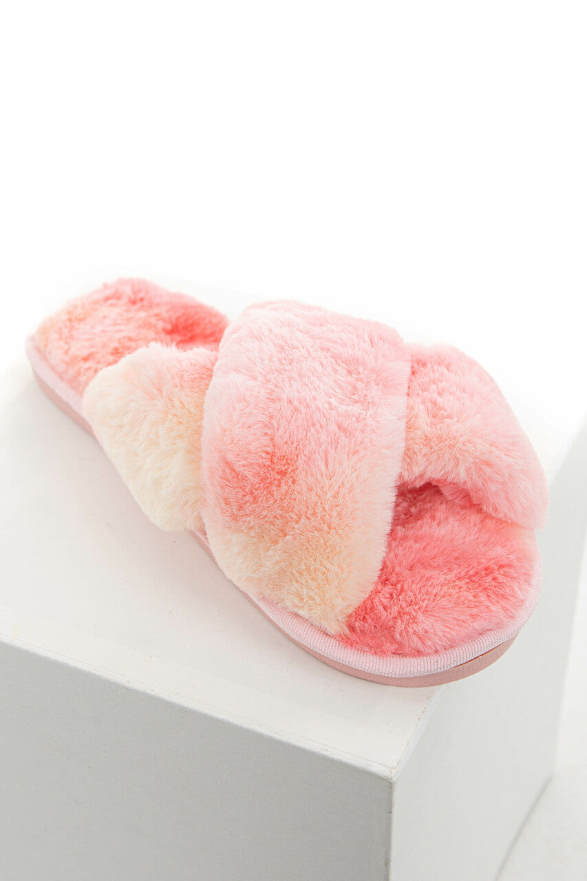 Pink Tie Dye Soft Fuzzy Slippers with Criss Cross Straps 