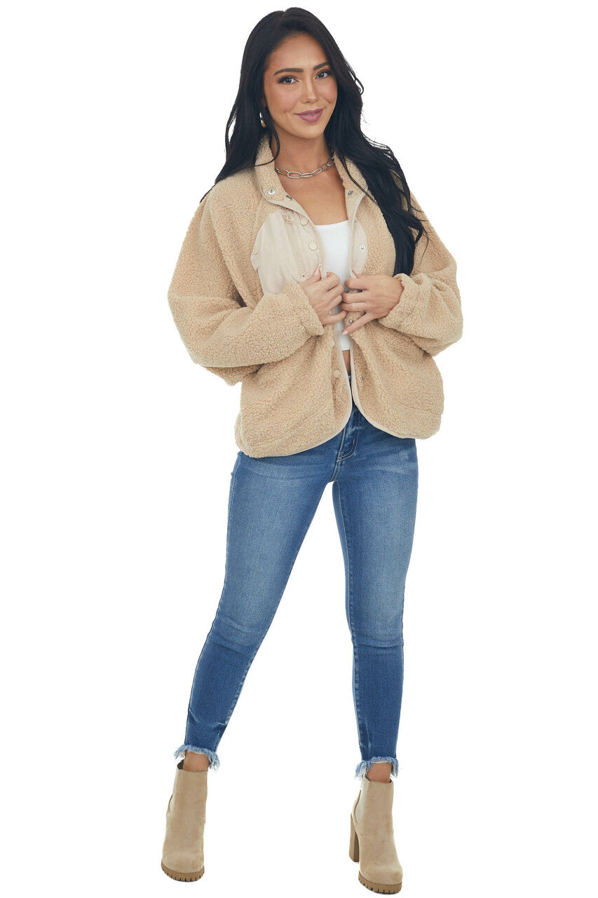 Camel High Neck Button Down Sherpa Jacket