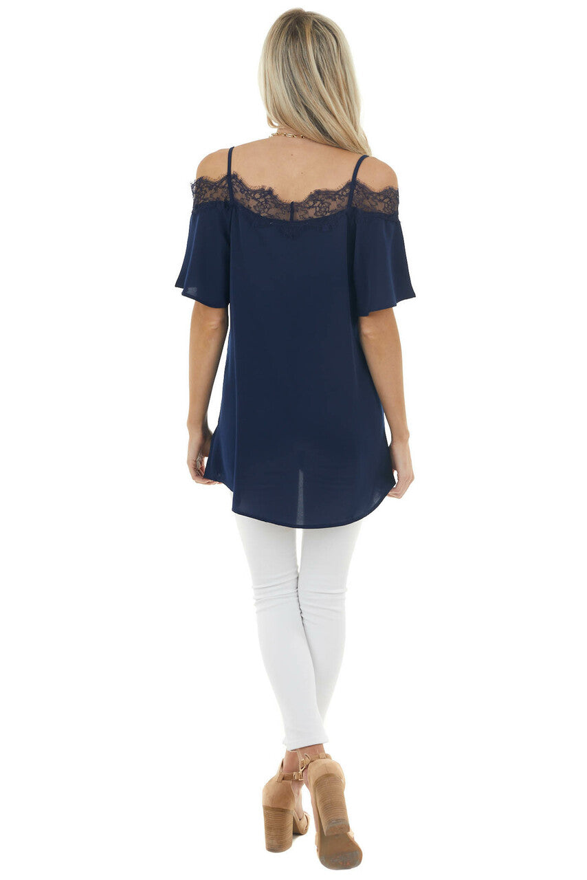 Navy Blue Cold Shoulder Short Sleeve Blouse with Lace