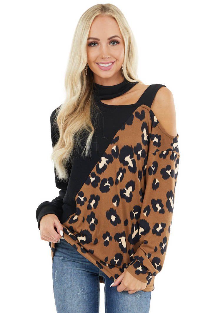 Black and Leopard Print Knit Top with Shoulder Cutout Detail