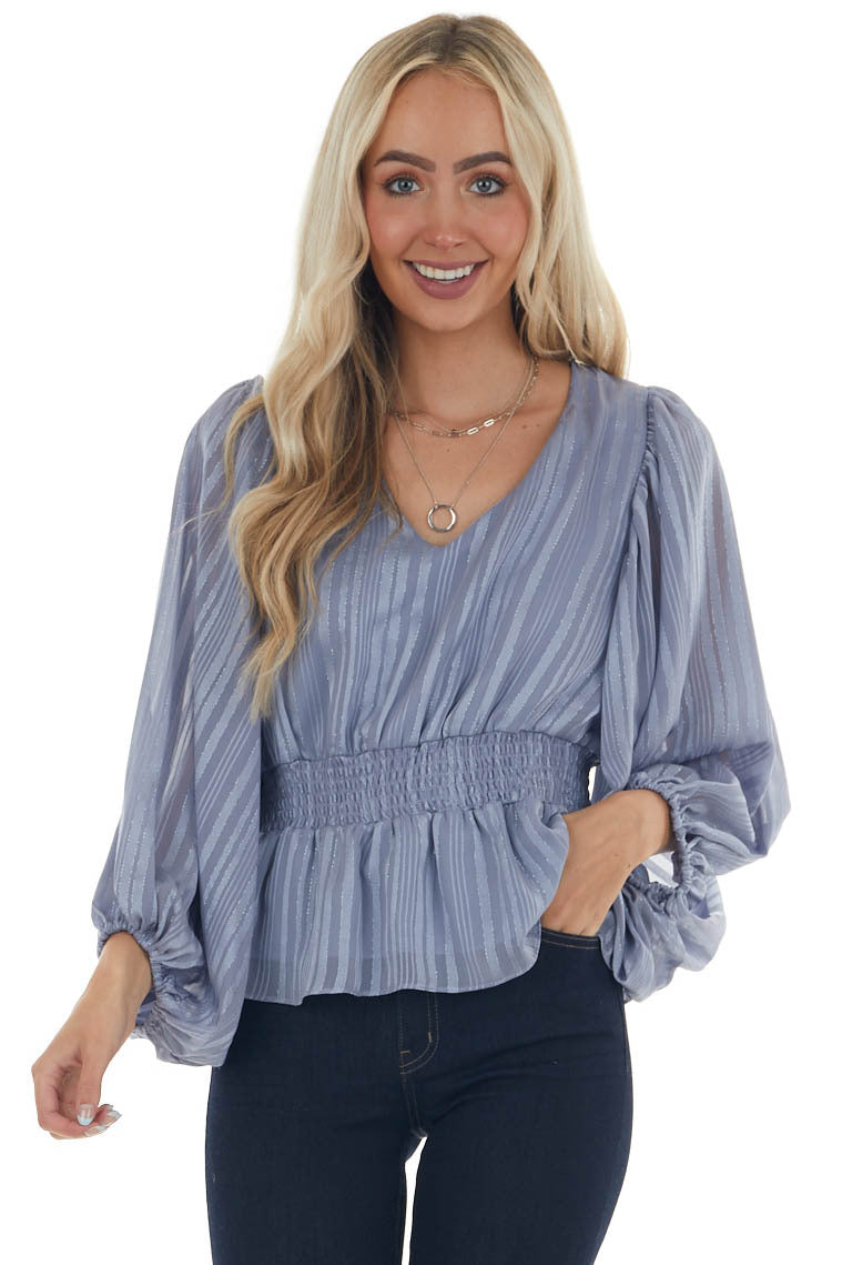 Slate Blue Striped Jacquard Smocked Blouse