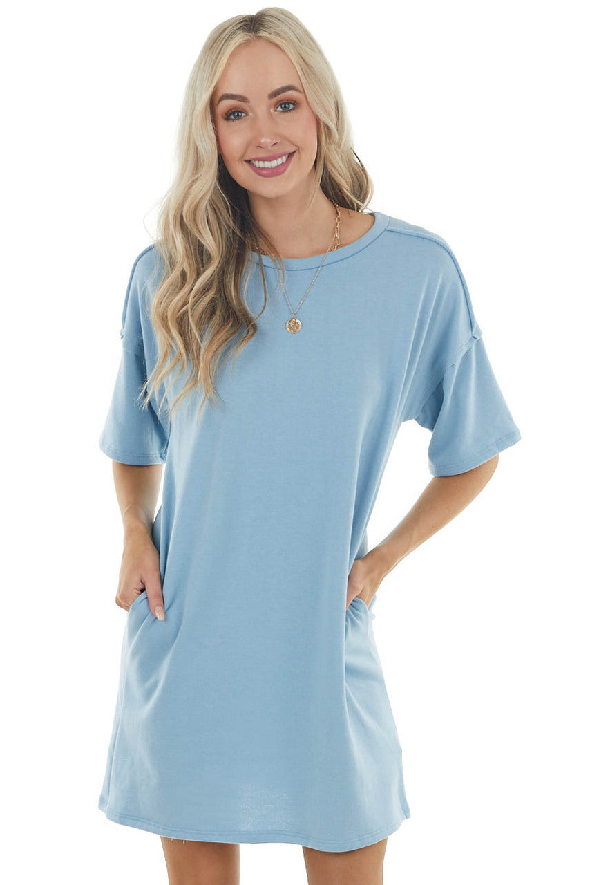 Powder Blue Dress with Side Pockets and Raw Seam Details 