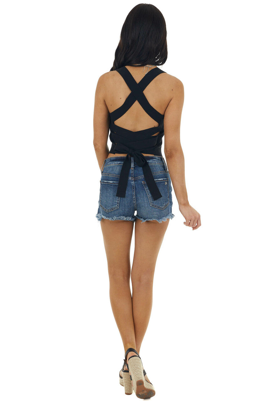 Black Ribbed Knit Criss Cross Back Crop Top