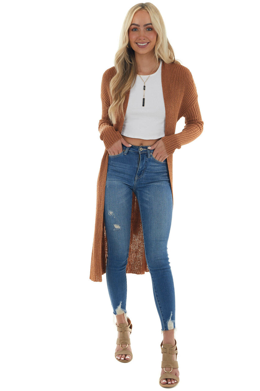 Cognac Open Front Duster Cardigan with Tie