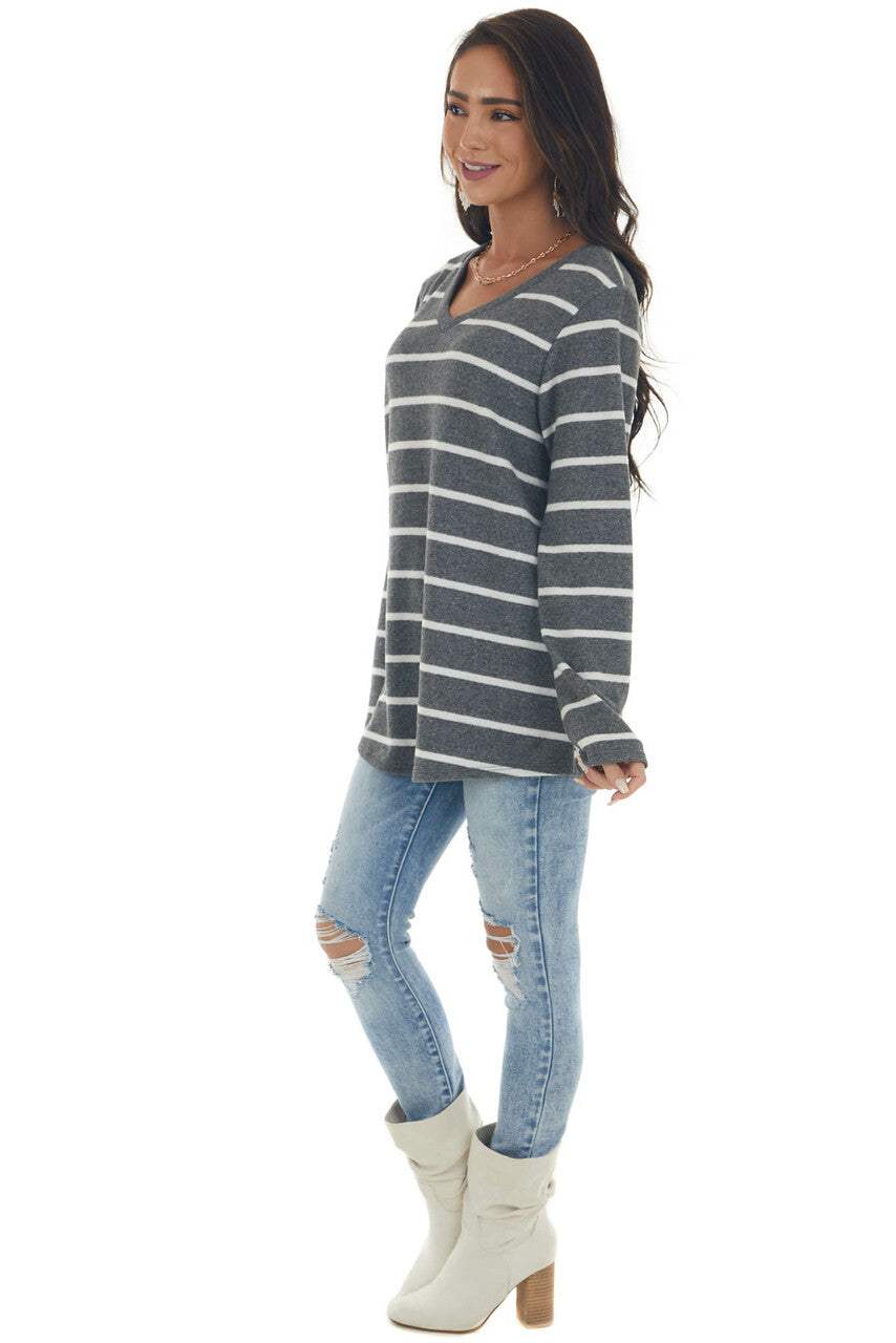 Graphite Striped Brushed Knit V Neckline Top 