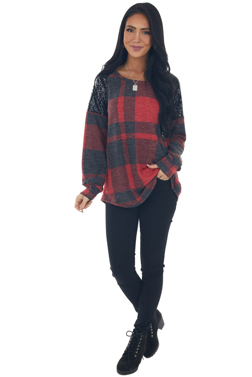 Pomegranate Plaid Black Sequin Shoulder Top