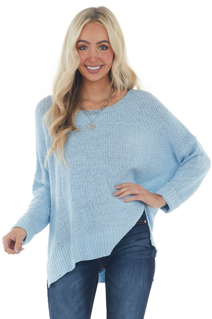 Sky Blue Loose Knit Cuff Sleeve Sweater 