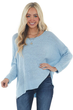 Sky Blue Loose Knit Cuff Sleeve Sweater 