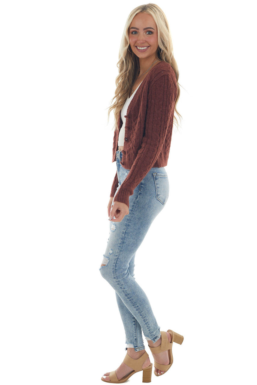 Sangria Button Up Fuzzy Cable Knit Cardigan