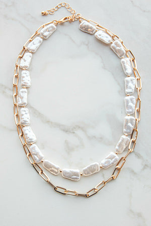 Gold Paperclip and Pearlescent Beaded Necklace