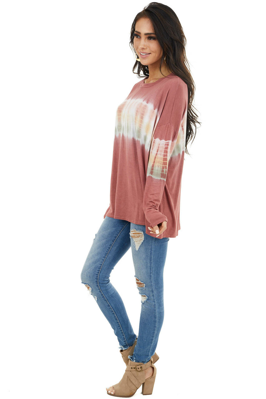 Brick Red and Ivory Long Sleeve Top with Tie Dye Detail