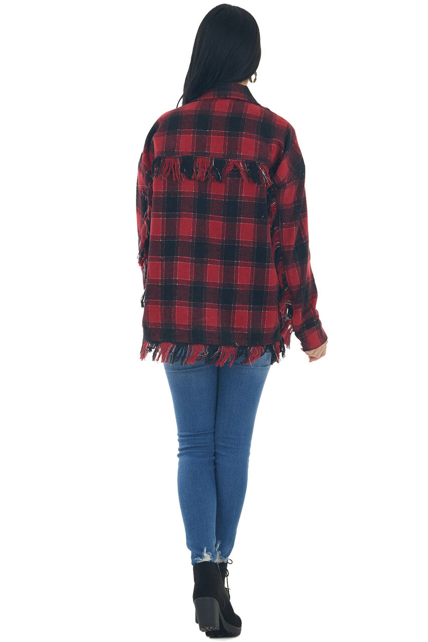 Crimson Plaid Shirt Jacket with Fringe Details