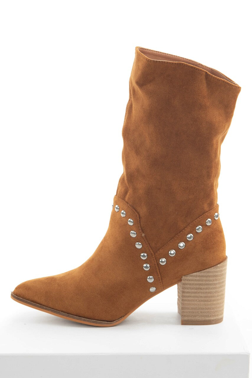 Caramel Suede Pointed Toe Studded Midi Booties