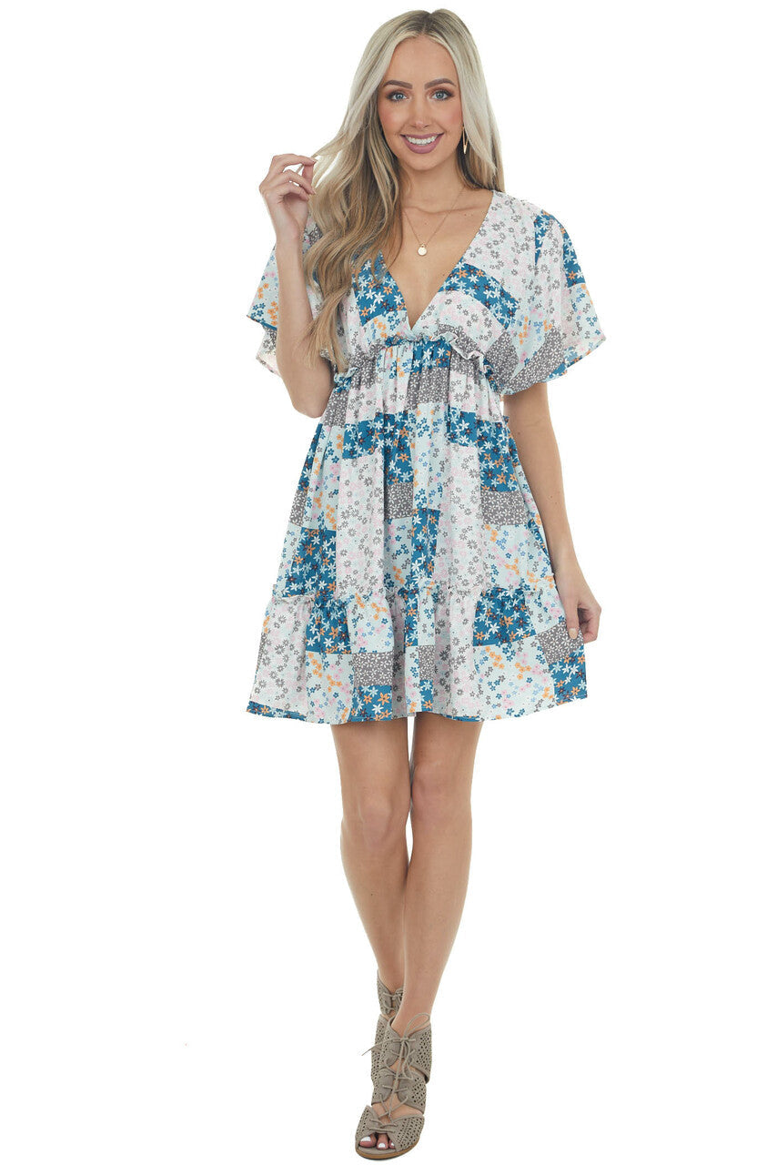 Sea Blue Patchwork Floral Babydoll Short Dress