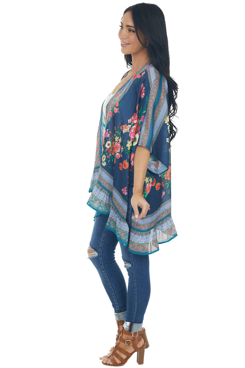 Navy Floral Short Sleeve Open Front Kimono