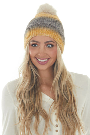 Amber Ombre Beanie with Faux Fur Pom Pom