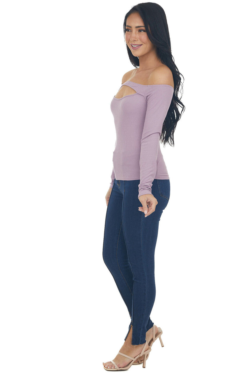 Lilac Off the Shoulder Ribbed Knit Top with Cut Out Detail