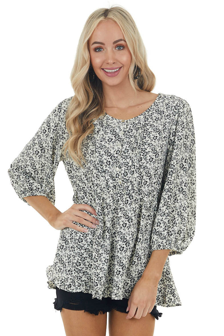 Cream and Black Floral Print Drop Waist Button Up Blouse