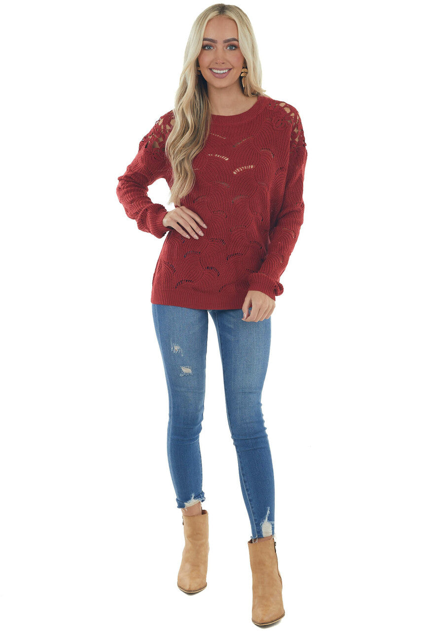 Pomegranate Pointelle Lace Shoulder Sweater 