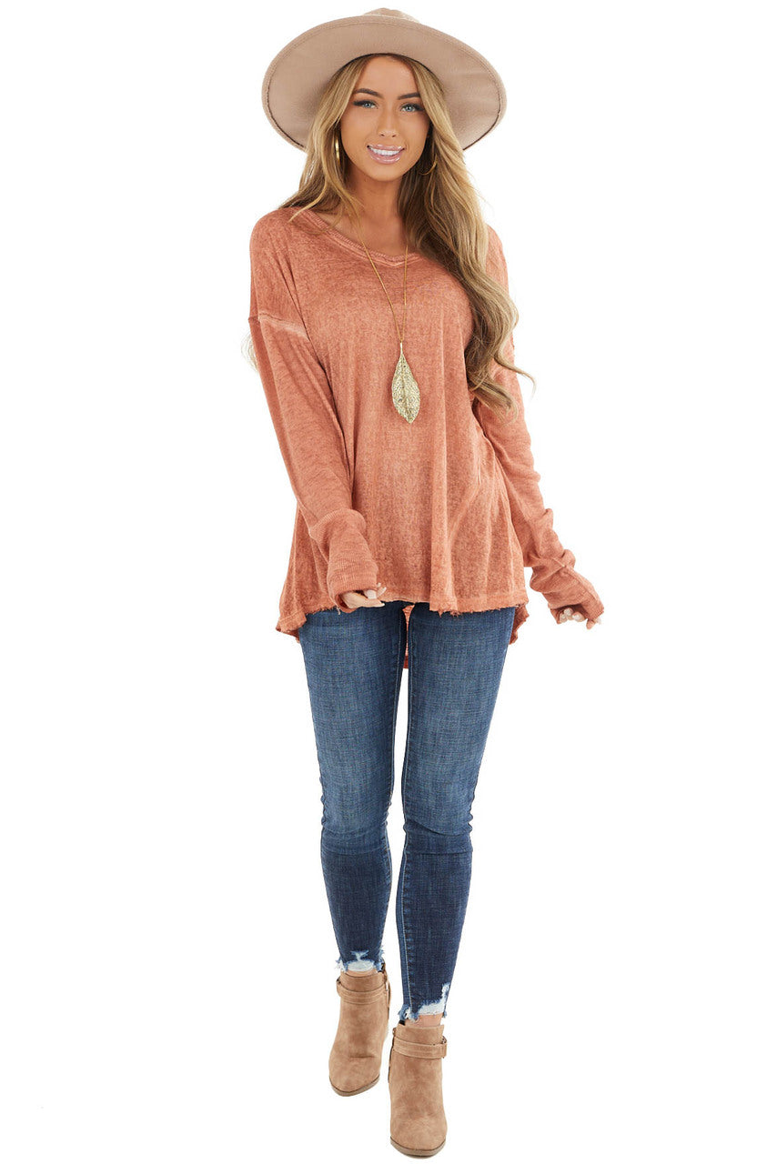 Heathered Terracotta Knit Top with Ribbed Knit Details