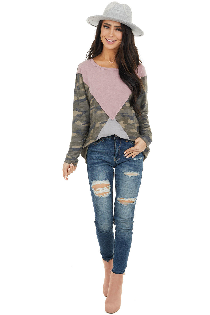 Camo Colorblock Long Sleeve Knit Top with Raw Edge Detail