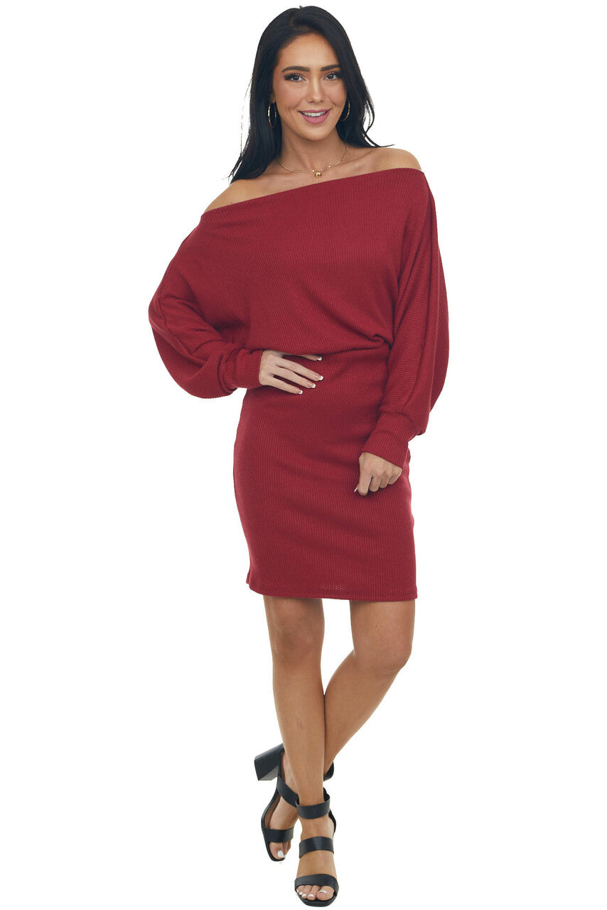 Cherry Ribbed Off Shoulder Dolman Sleeve Dress