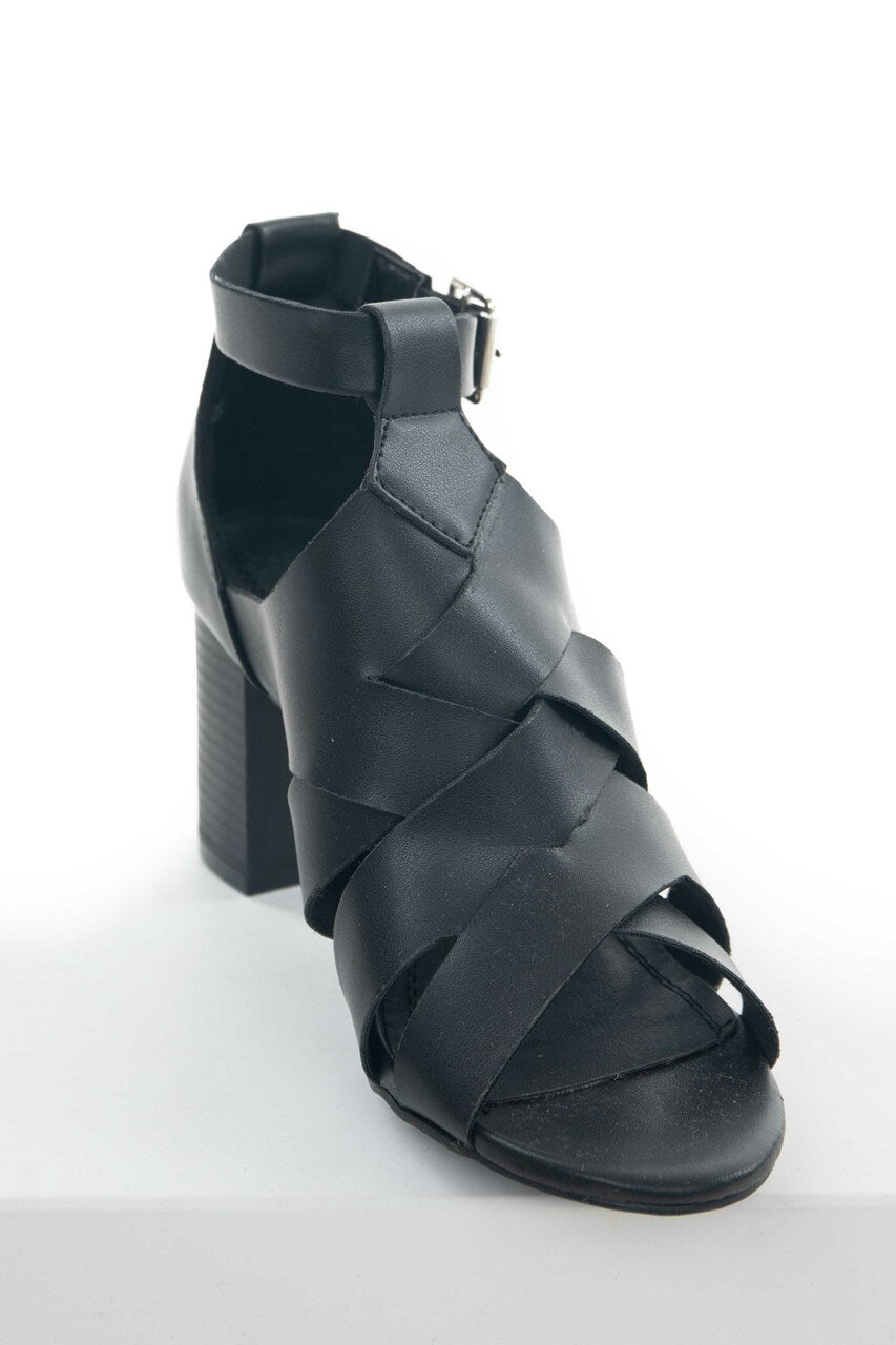 Black Faux Leather Strappy Heeled Sandals 
