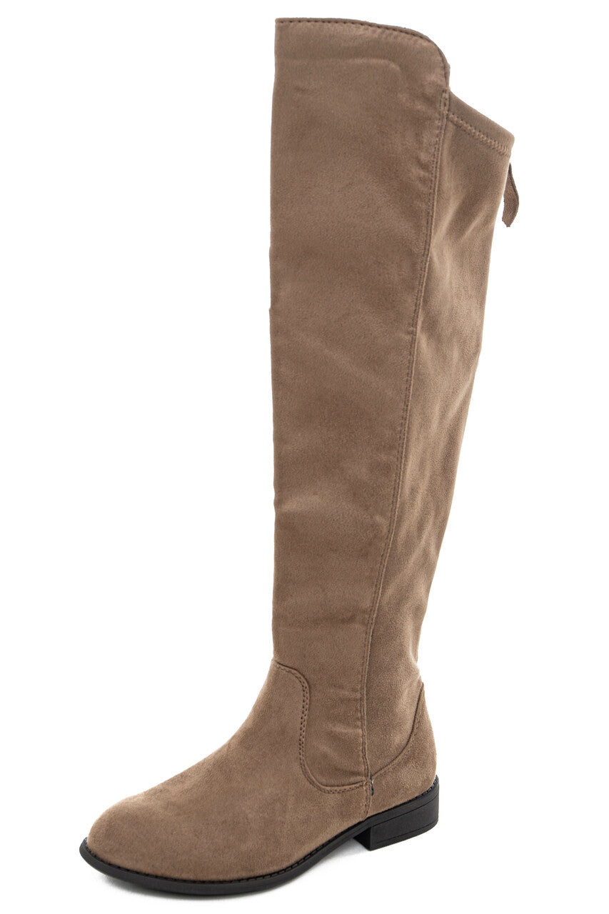 Taupe Faux Suede Knee High Zip Up Boots with Rounded Toe 