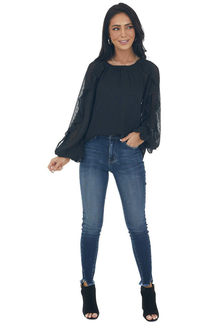 Black Swiss dot Peasant Sleeve Woven Blouse