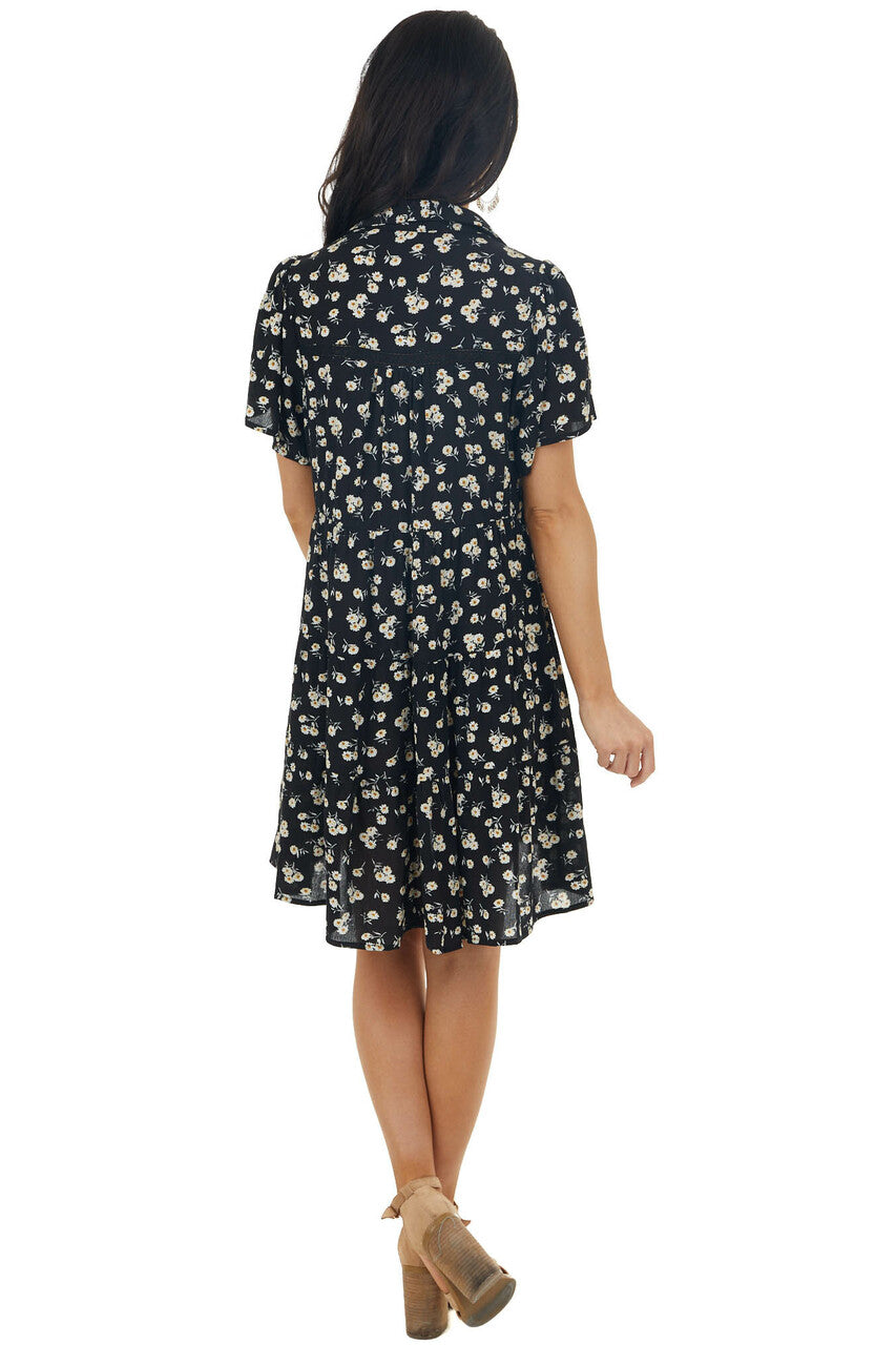 Black Ditsy Floral Tiered Babydoll Short Dress with Collar 