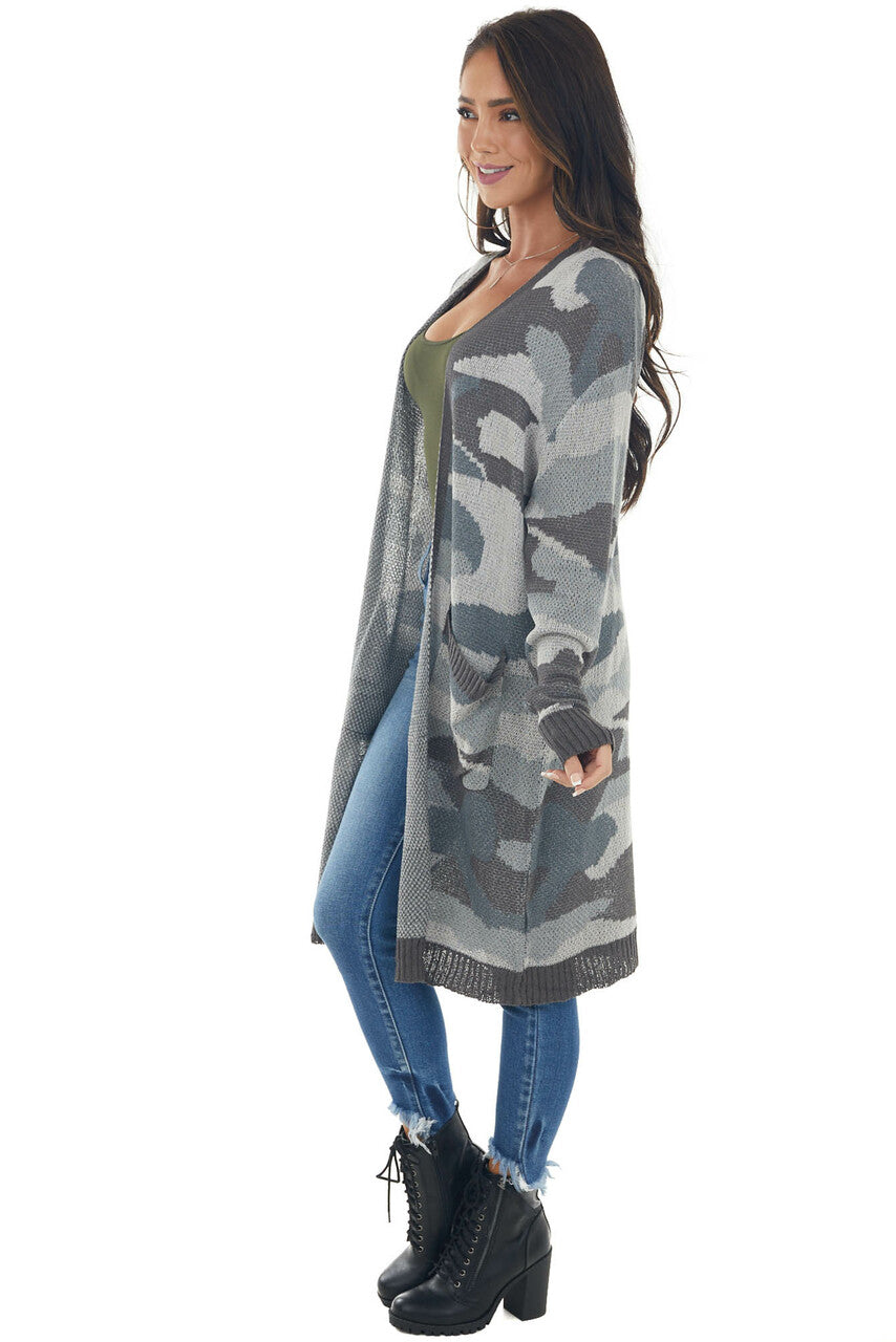 Steel Grey Camo Print Stretchy Knit Cardigan 